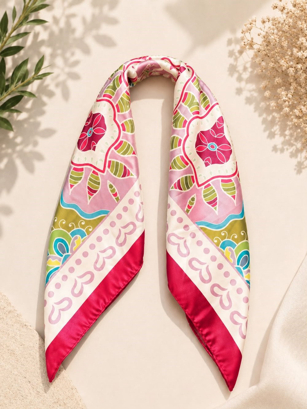 Pembe Çiçek Desenli Renkli Bandana ve Fular