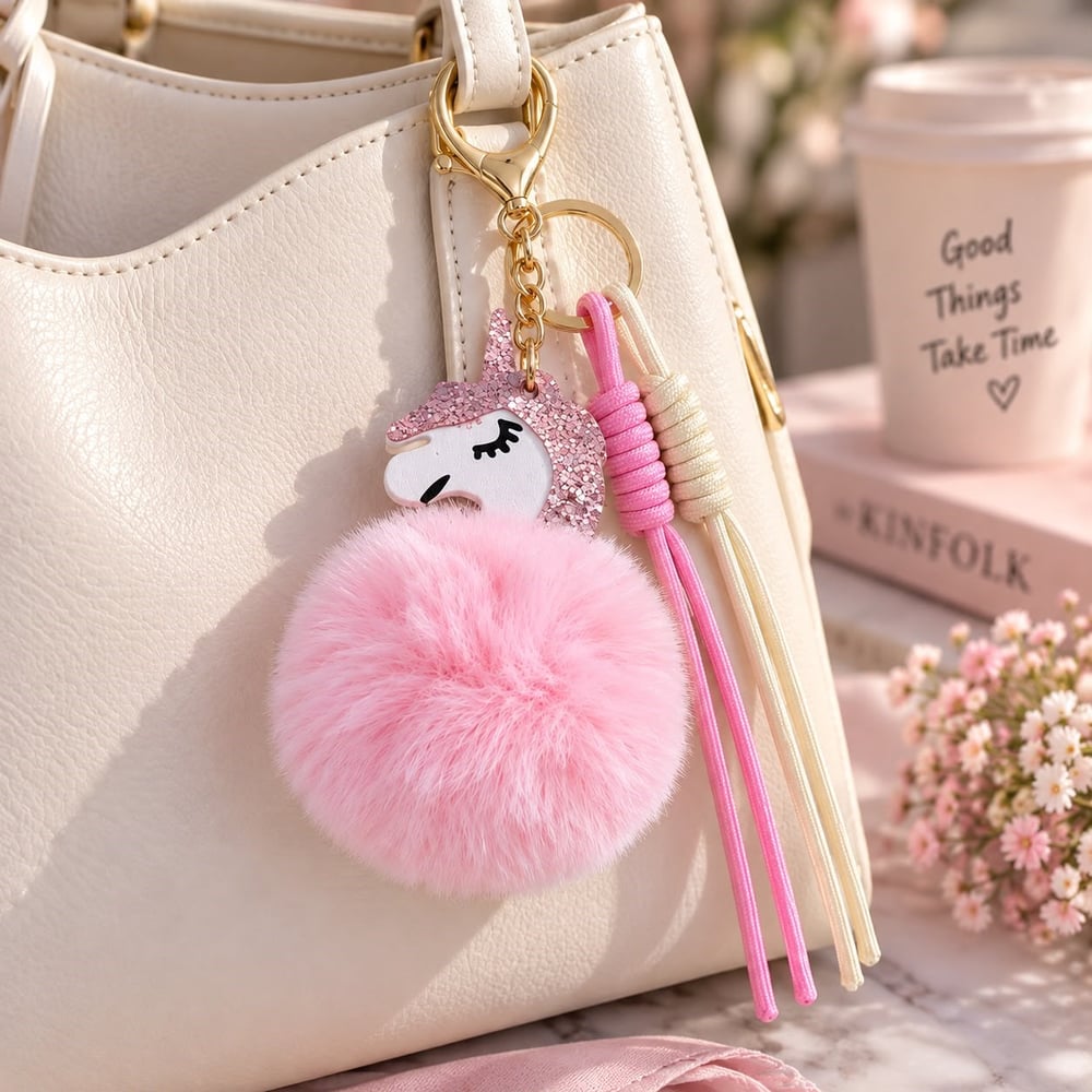 Pembe-Krem Unicorn Ponponlu Çanta Charmı
