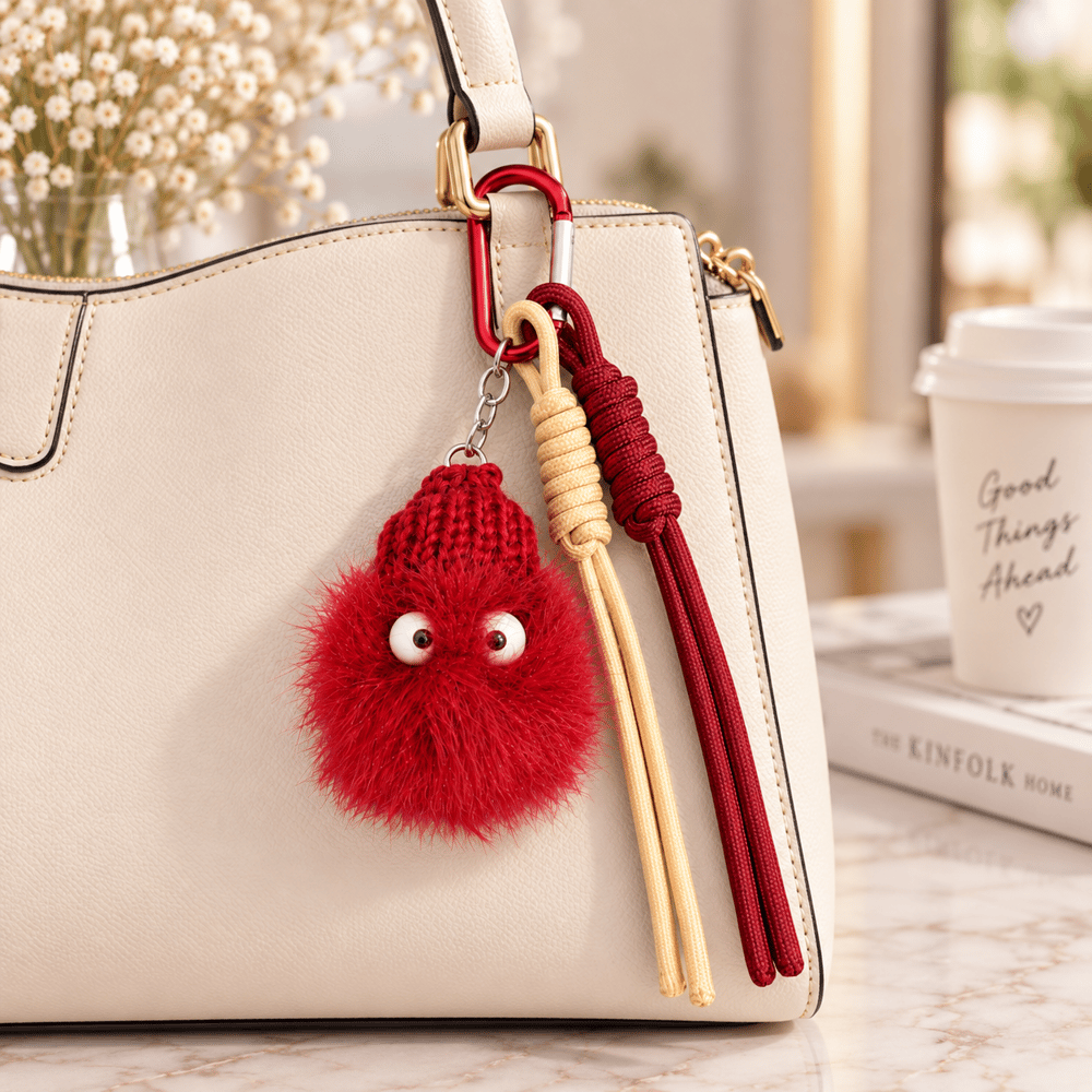 Puffy Bordo Bereli Ponpon Çanta Charmı