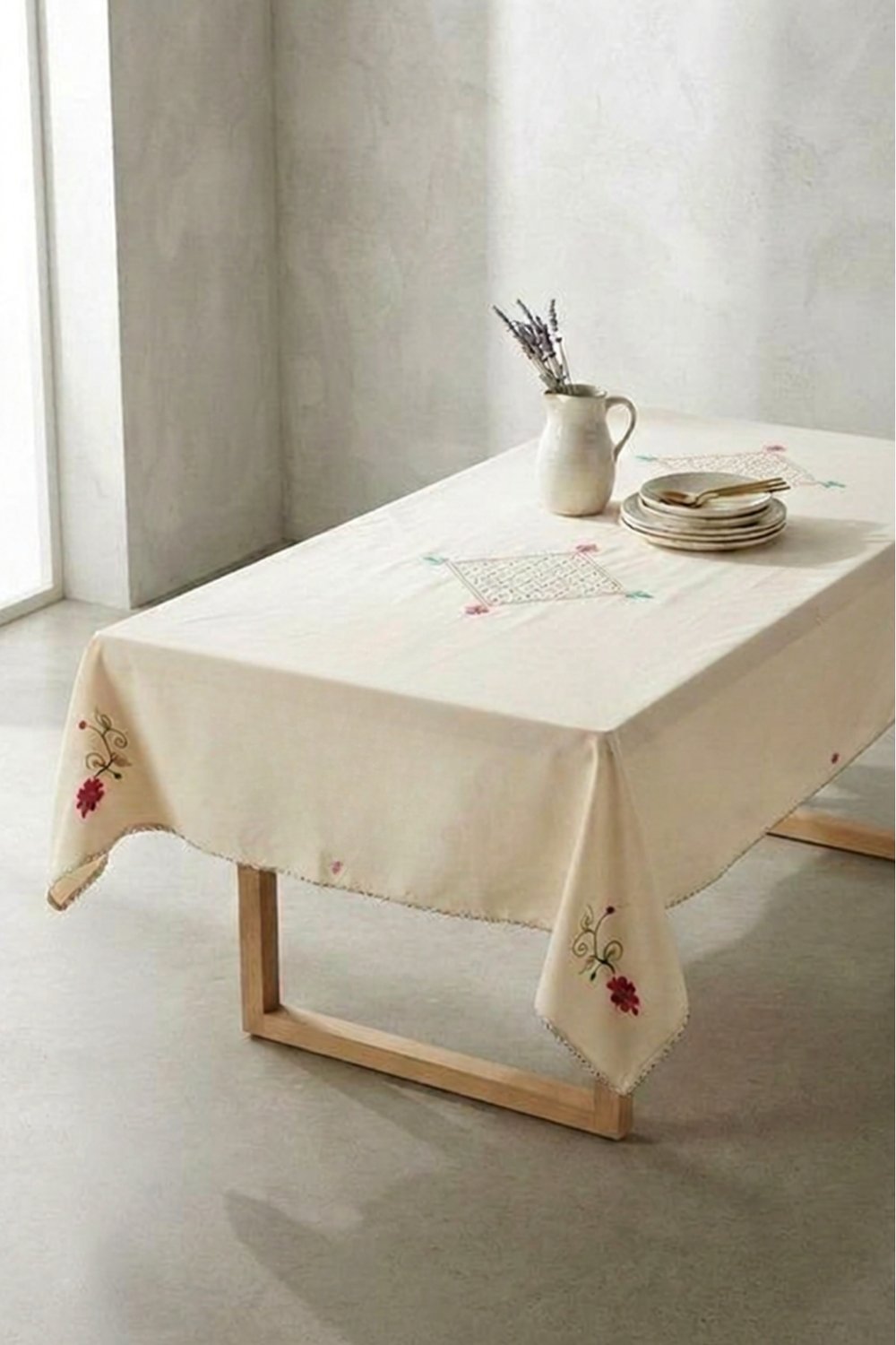 Buldan Keteni Naturel Patchwork İşlemeli 140 x 240 Masa Örtüsü