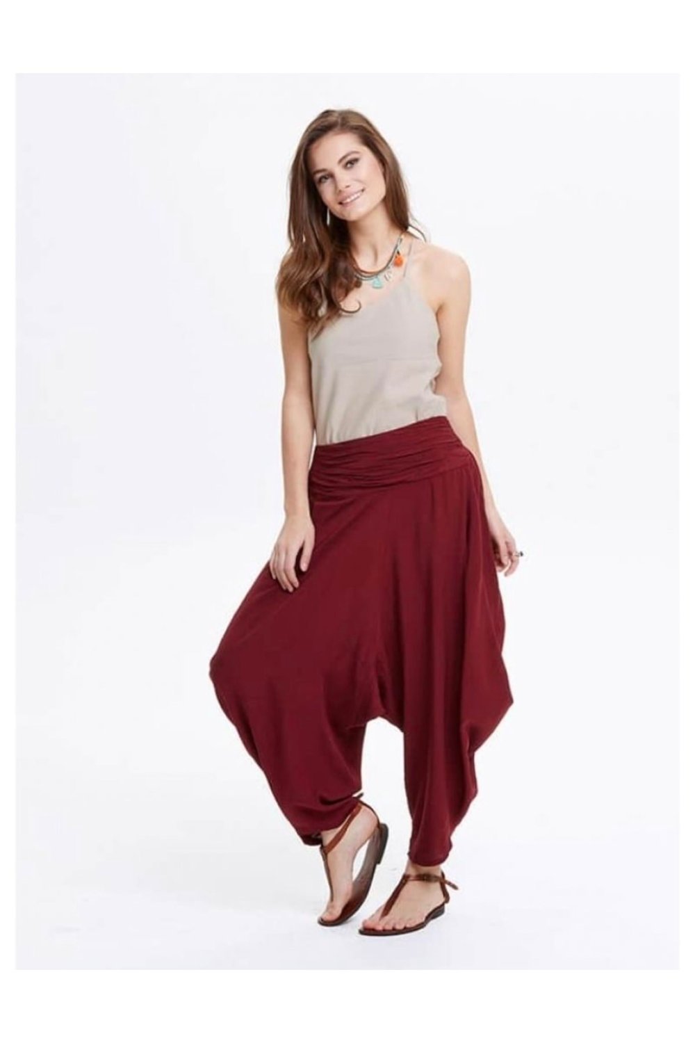 Drape Bel Detaylı Dökümlü Bordo Şalvar Pantolon