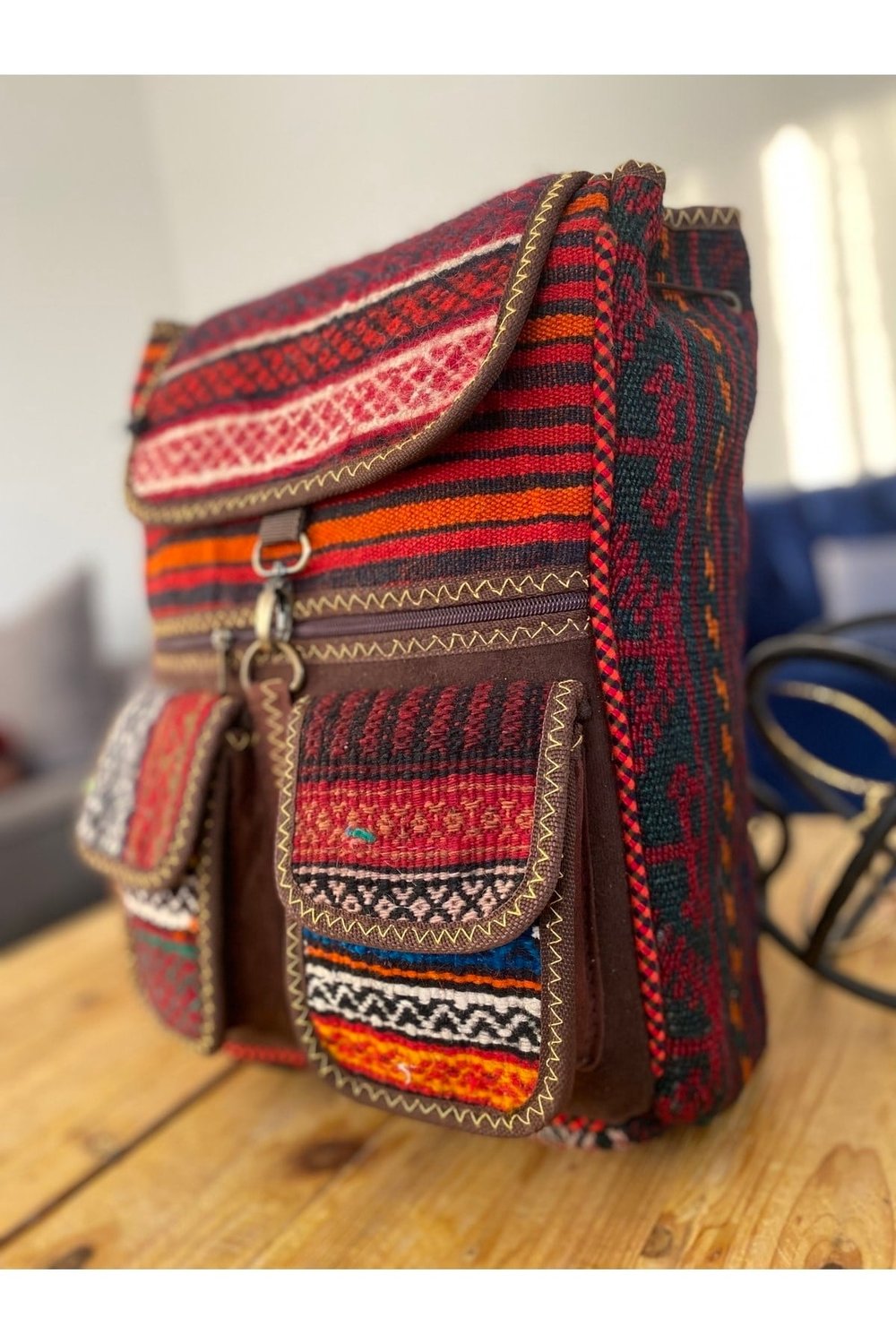 Iran Işi El Yapımı Haki Günlük Bohem Kilim Sırt Çantası