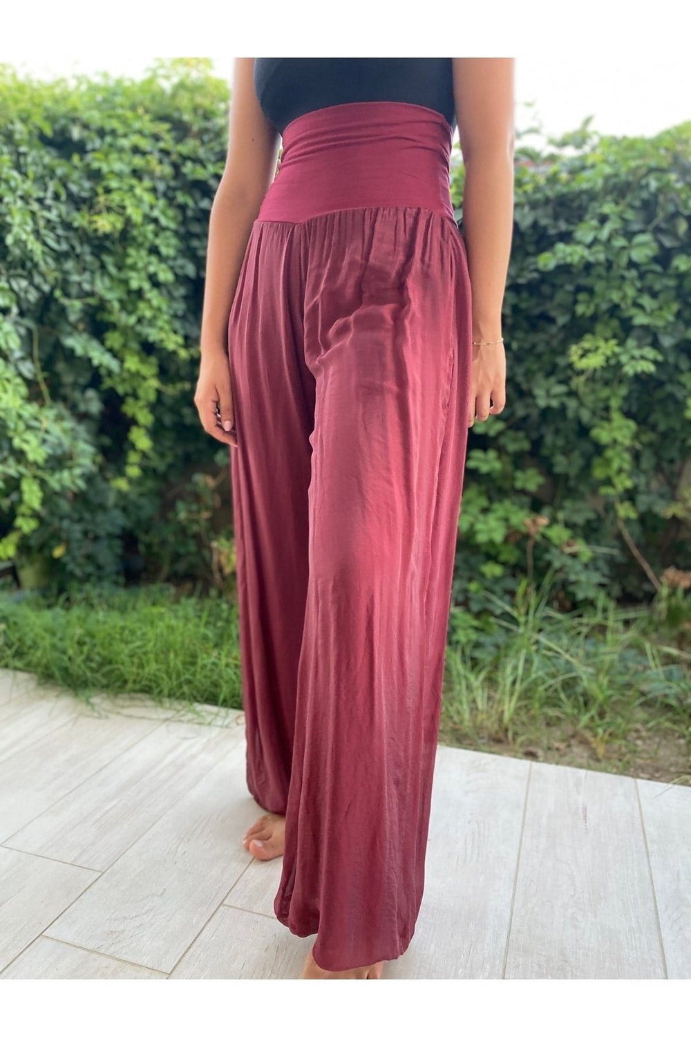 Kadın Bordo Bele Oturan Dökümlü Ipek Şalvar Pantolon