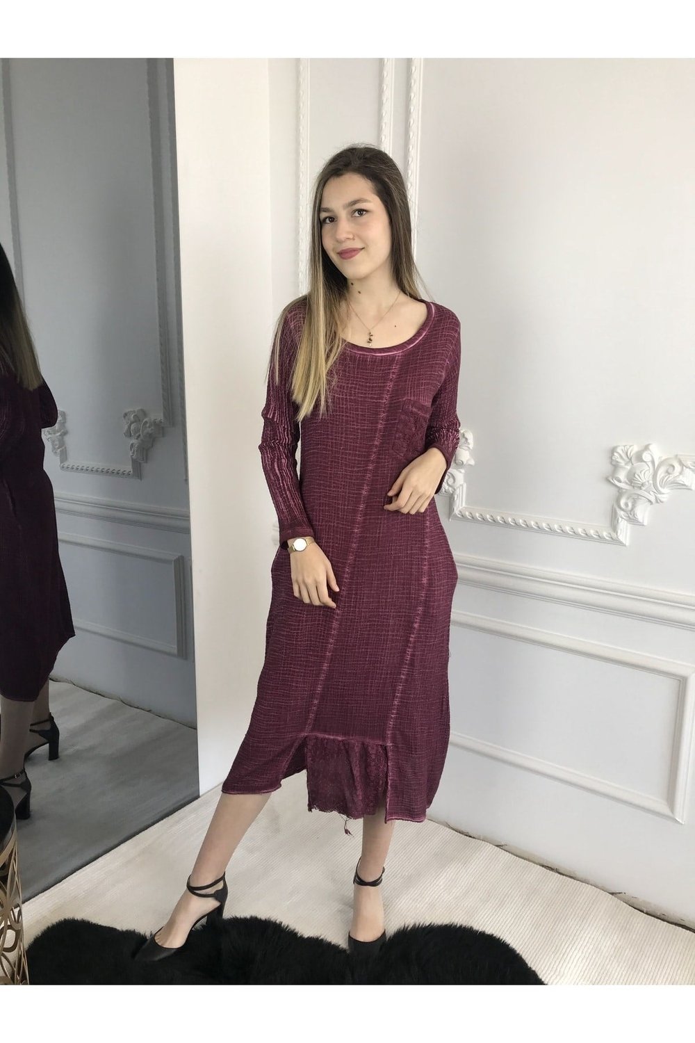 Kadın Kırmızı Uzun Kollu Antik Dokuma Elbise