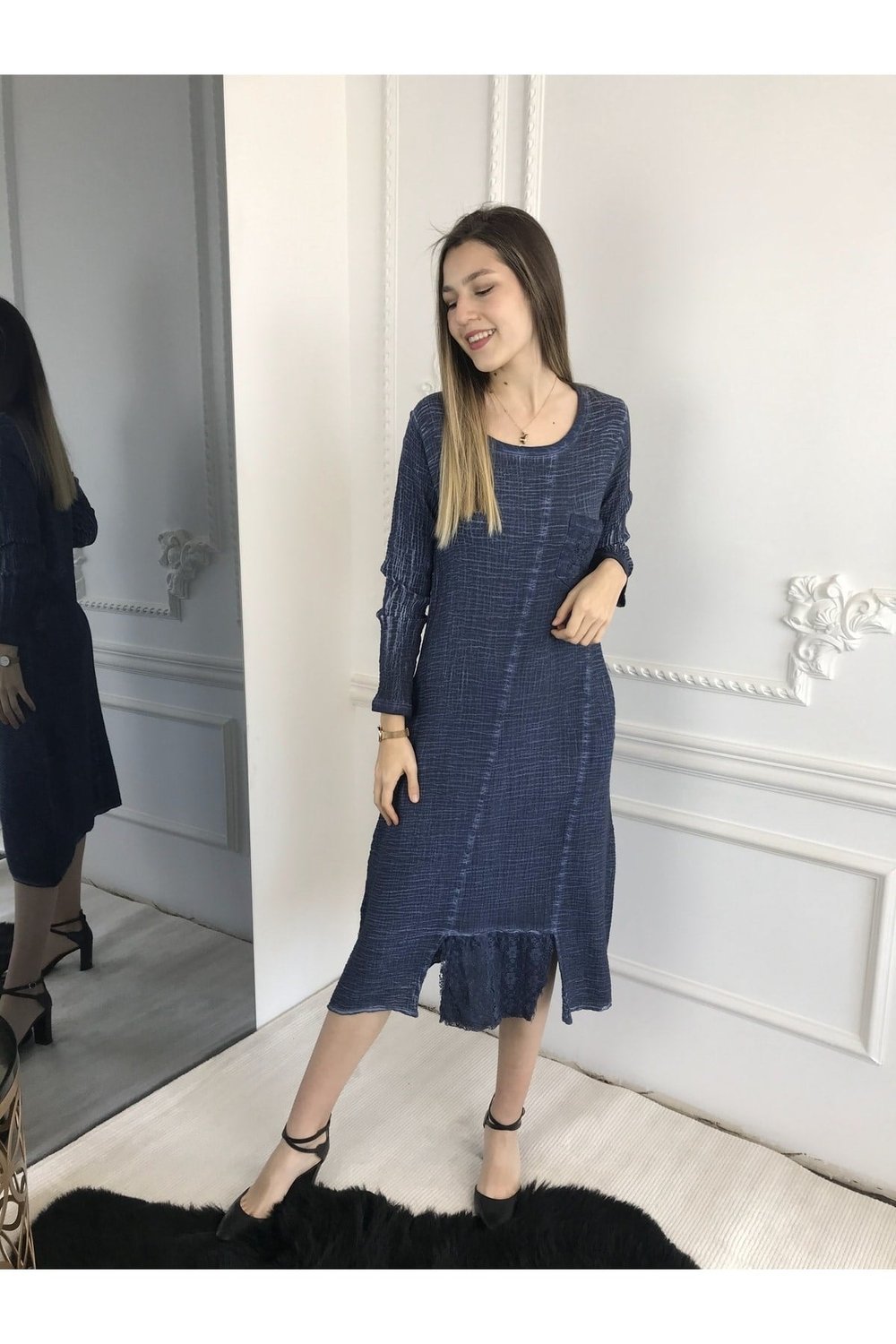 Kadın Koyu Mavi Uzun Kollu Antik Dokuma Elbise