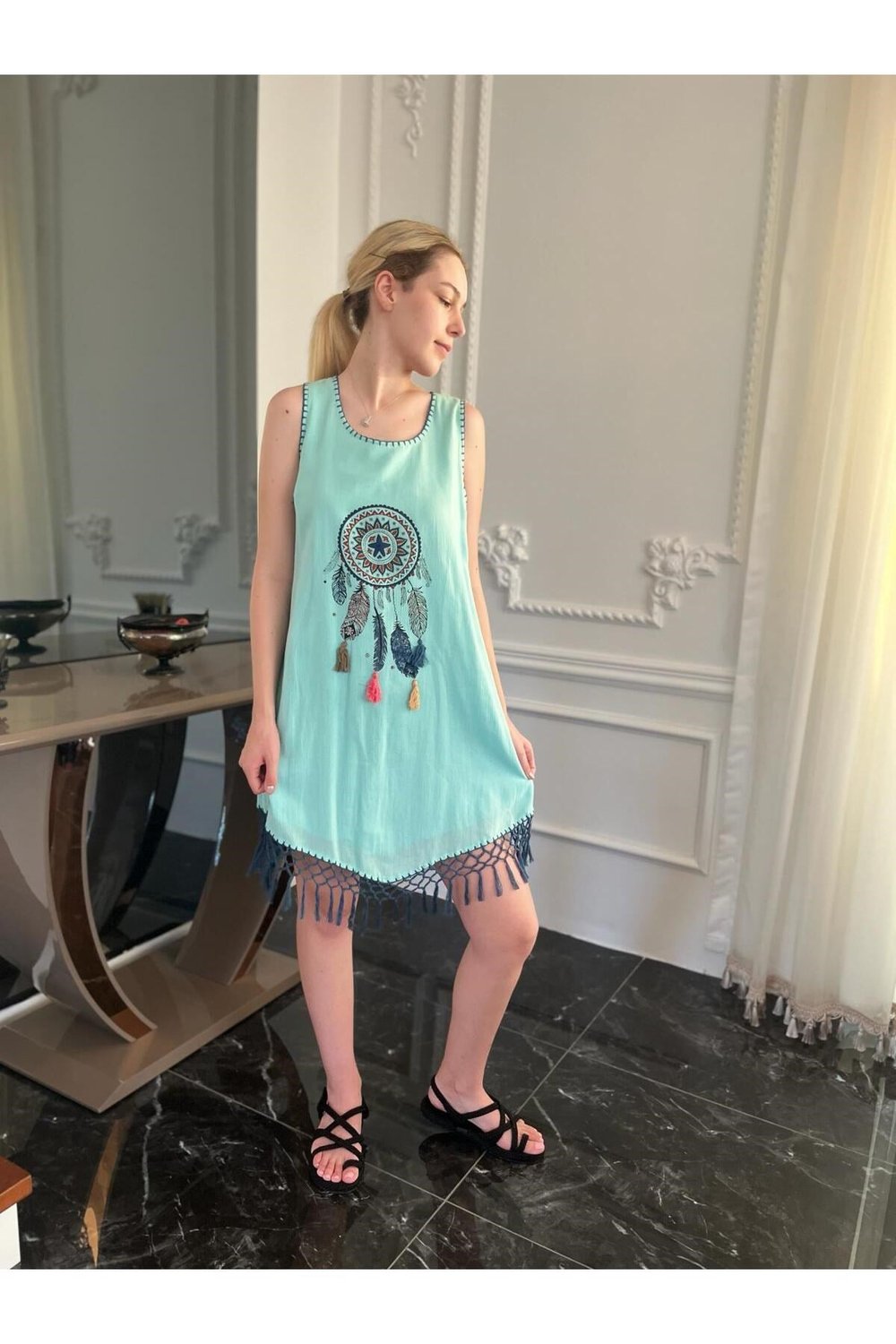 Kadın Naturel Dokuma Etnik Yazlık Mini Elbise