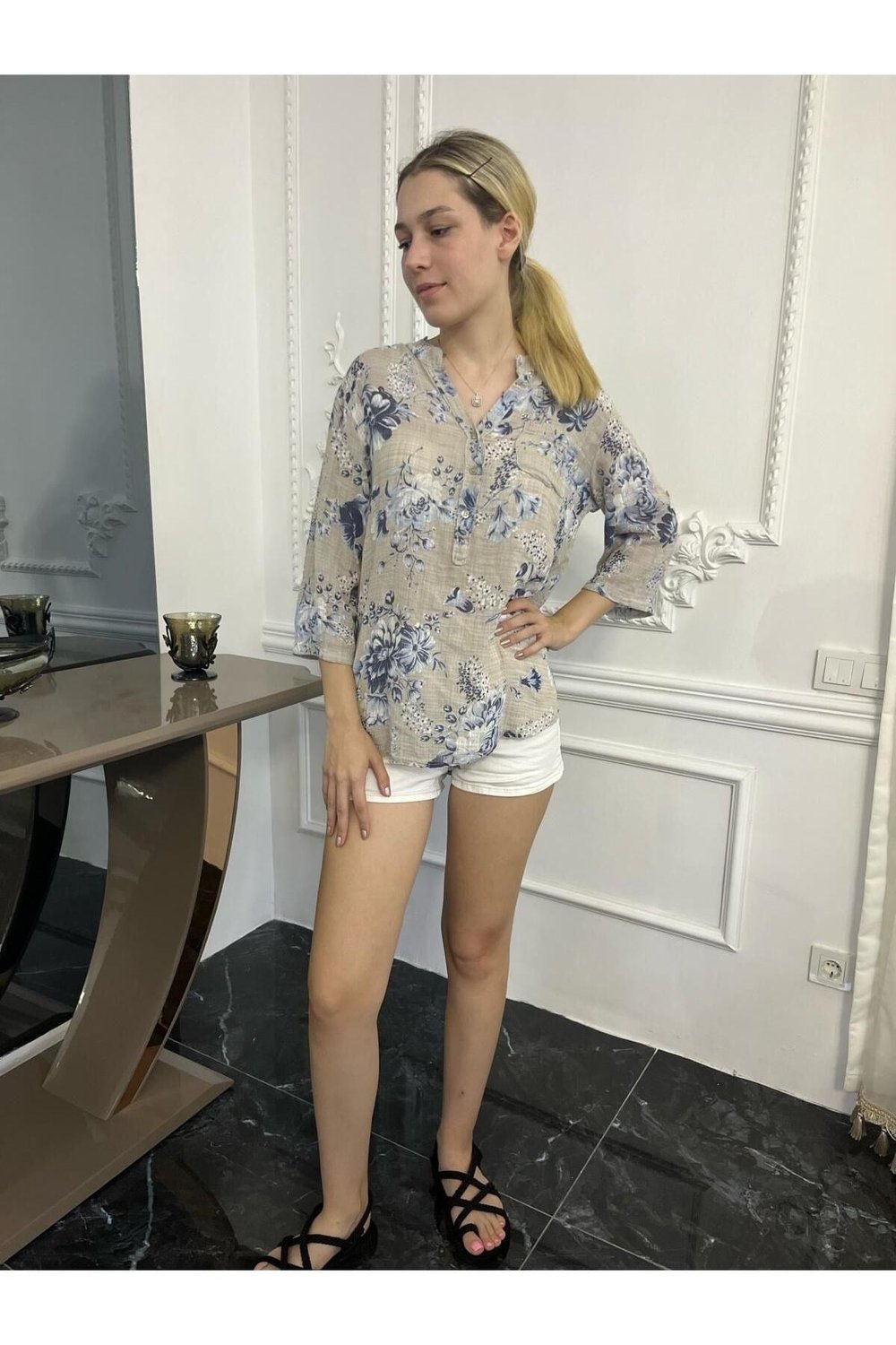 Kadın Naturel Hakim Yaka Keten Gömlek Bluz