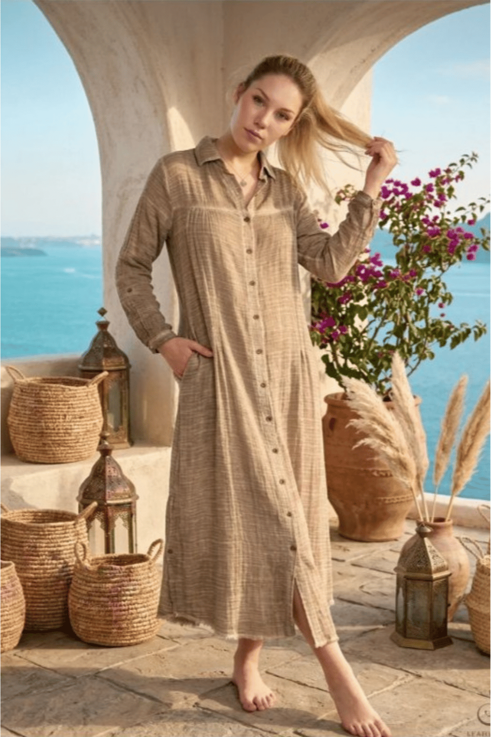 Kadın Organik Pamuk Uzun Gömlek Elbise Kimono