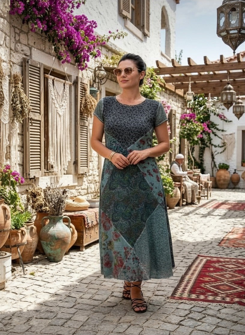 Kadın Petrol Patchwork Kısa Kollu Uzun Elbise