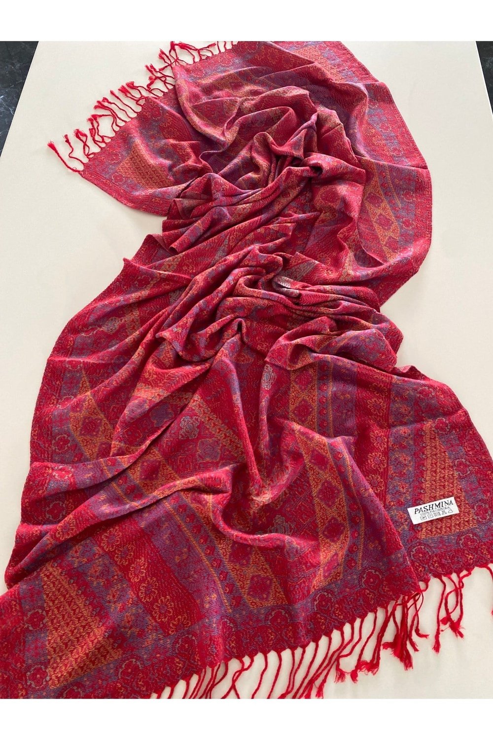 Kırmızı İndigo Elegansa Omuz Atkısı Kaşmir Dokulu Şık Şal Kasmir Sal (Cashmere)