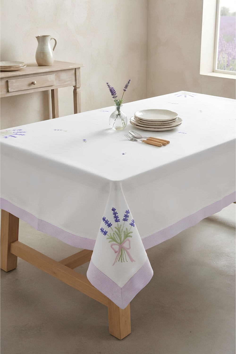 Lila Bordürlü Lavanta İşlemeli 140x240 cm Naturel Masa Örtüsü