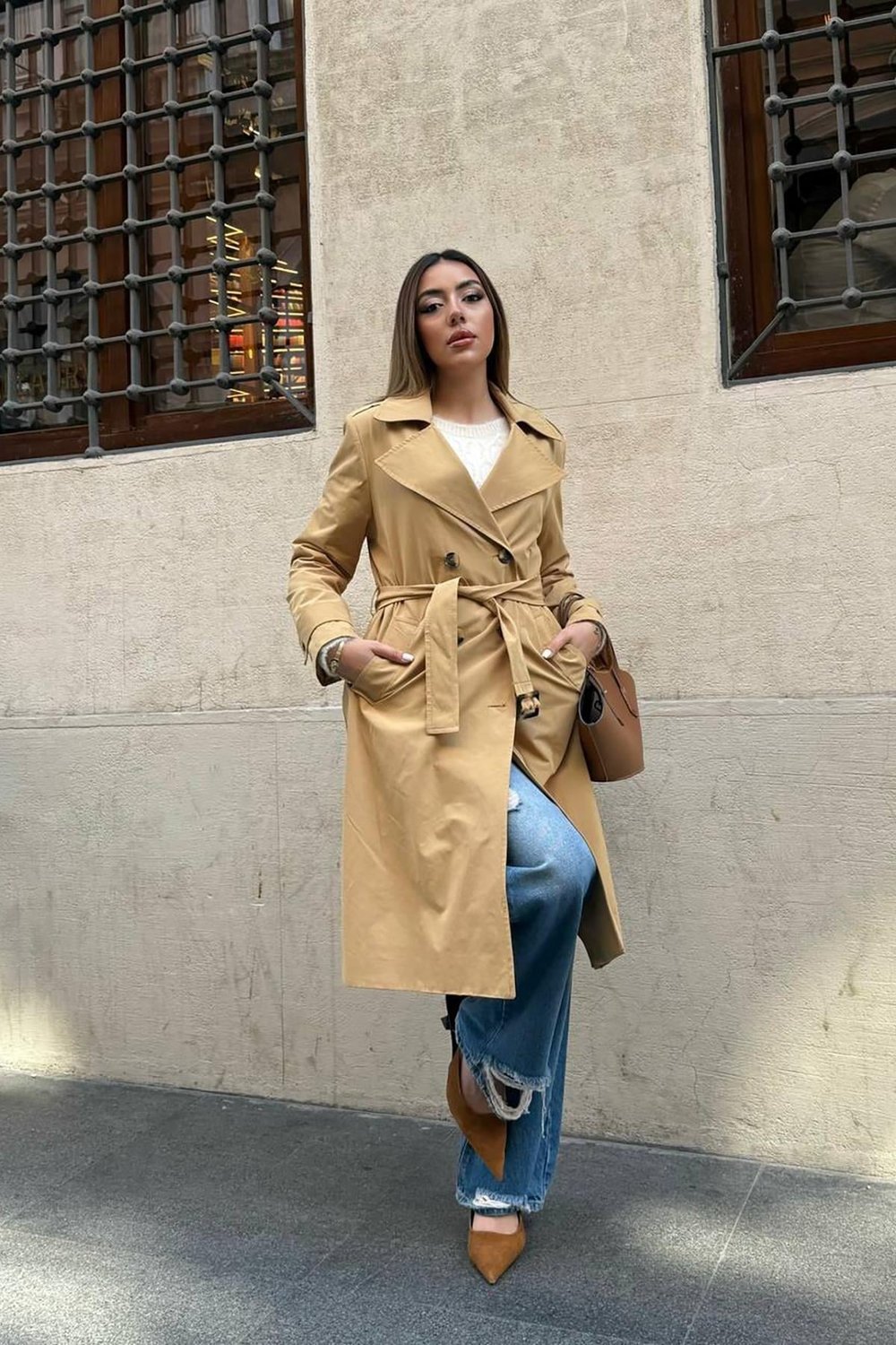 Toptan Camel Uzun Kemerli Trençkot