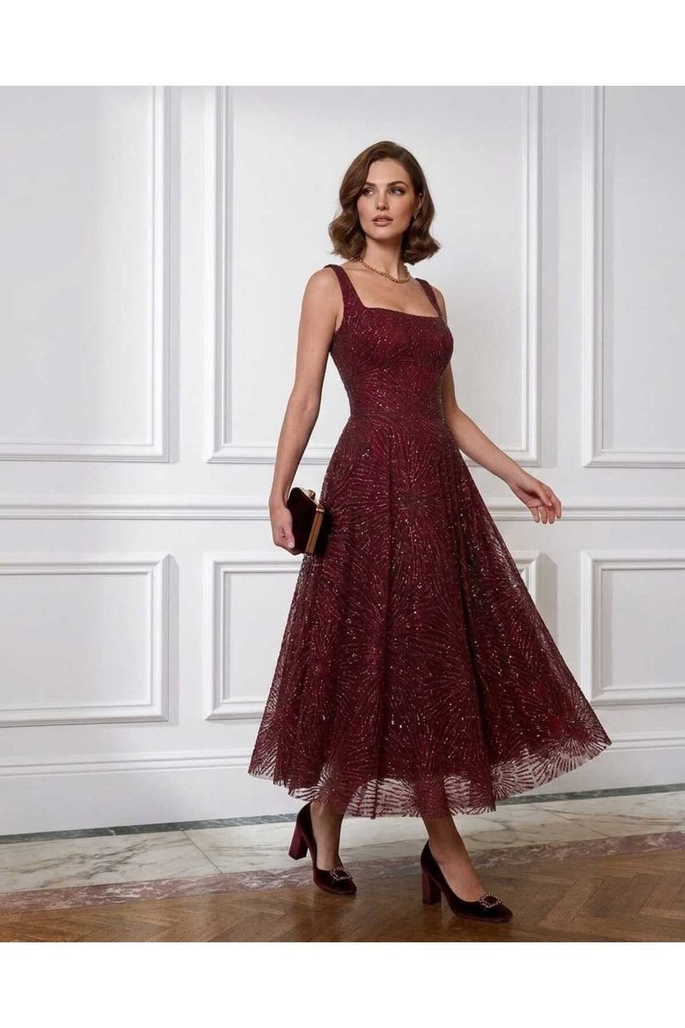 Bordo Işıltılı simli Jacquard Dokulu Kare Yaka Couture premium abiye Elbise