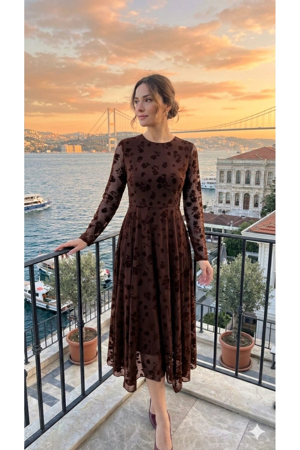 Kadın bordo Tül Üzeri Flok Baskılı Elbise