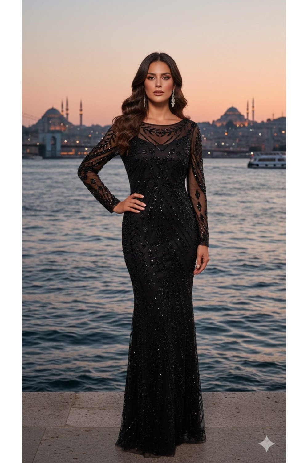 Siyah Kristal Taş ve Payet İşlemeli Uzun Kollu Abiye Elbise - Özel Tasarım Göz Alıcı Gece Kıyafeti