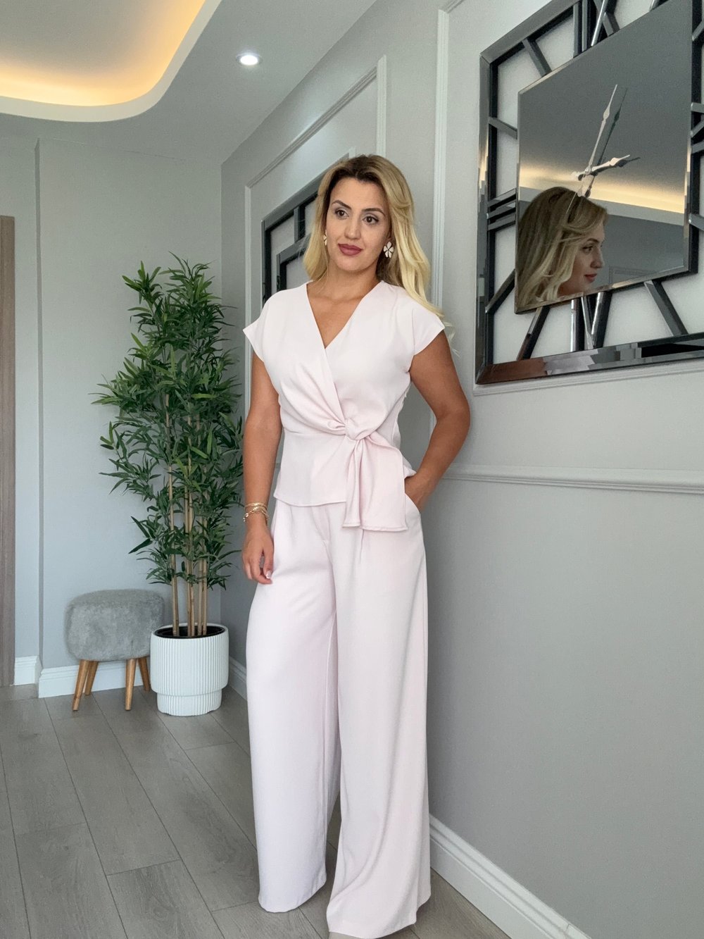 Kruvaze yaka bluz pantolon yakım toz pembe