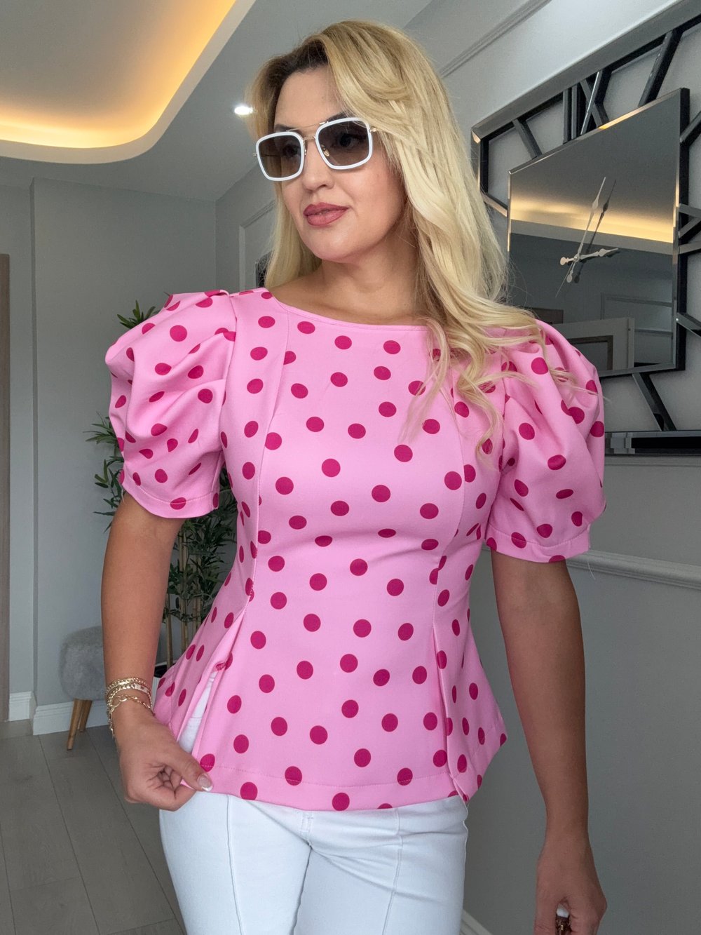 Orj model puantiyeli balon kol bluz pembe