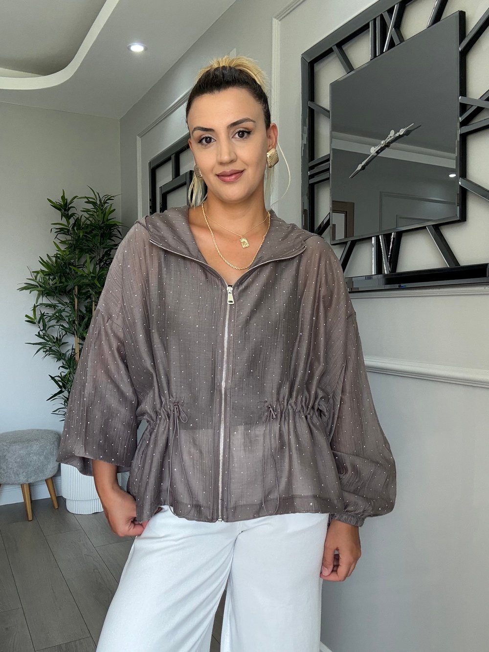 Premium kalite full taşlı belden büzdürmeli ceket - Vizon