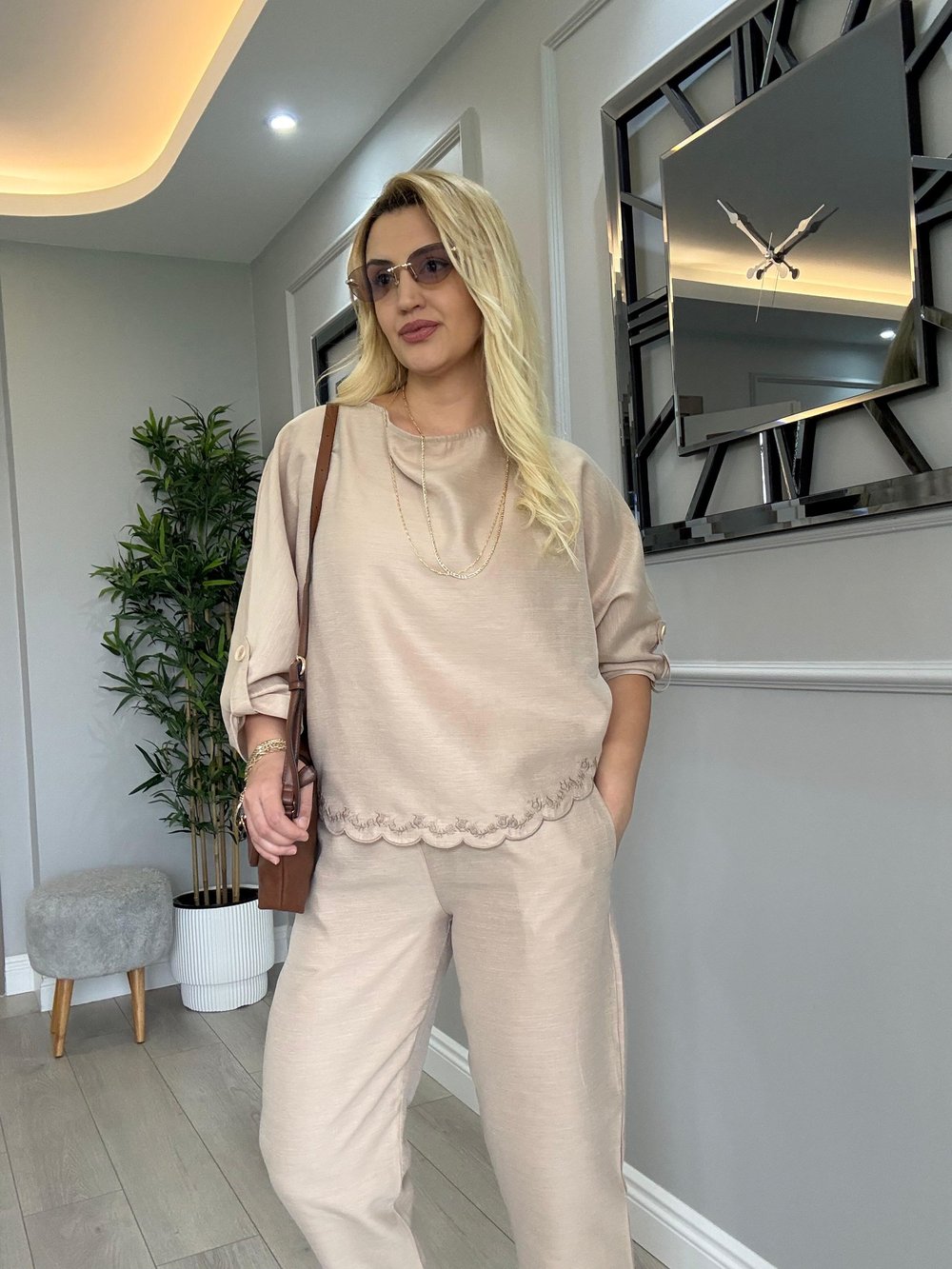TİRİL TİRİL NATURAL KETEN NAKIŞLI TAKIM BEJ