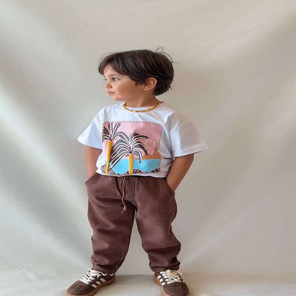 Palmiye Basklı Kahverengi Gabardin 2'li Takım