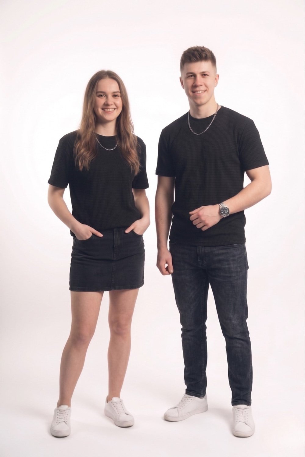 Basic Style Unisex Siyah Waffle Kumaş Basic Tişört T-Shirt