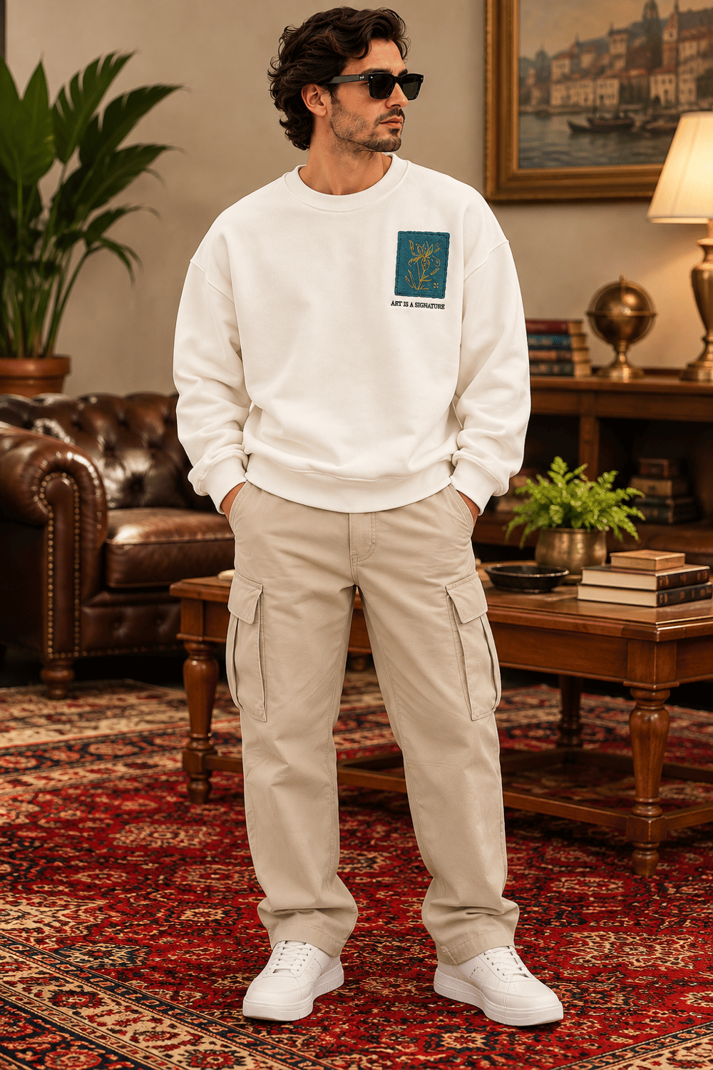 Ekru Nakış Detaylı Oversize Erkek Sweatshirt