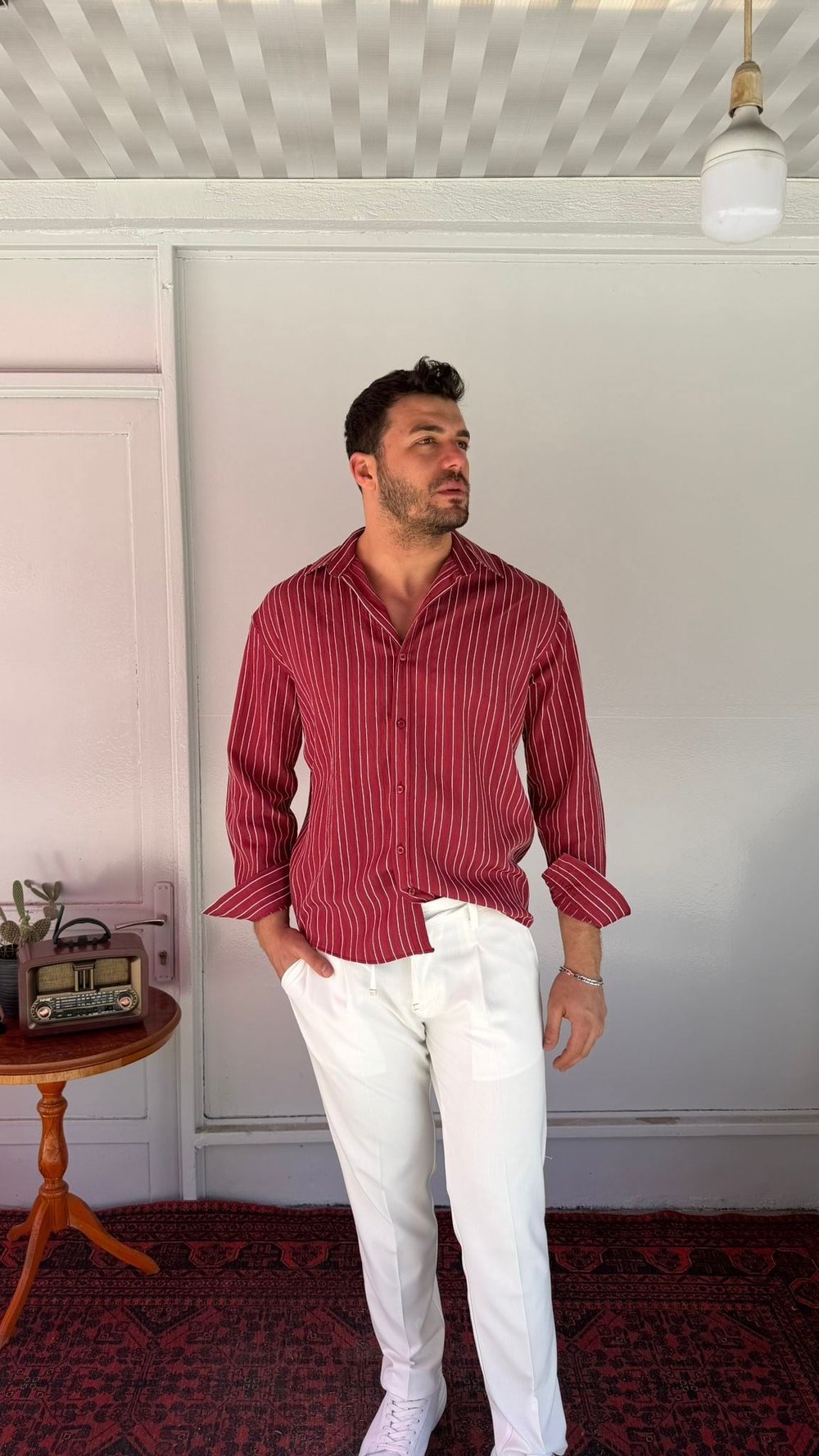 CasualMentr Bordo Çizgili Oversize Müslin Gömlek