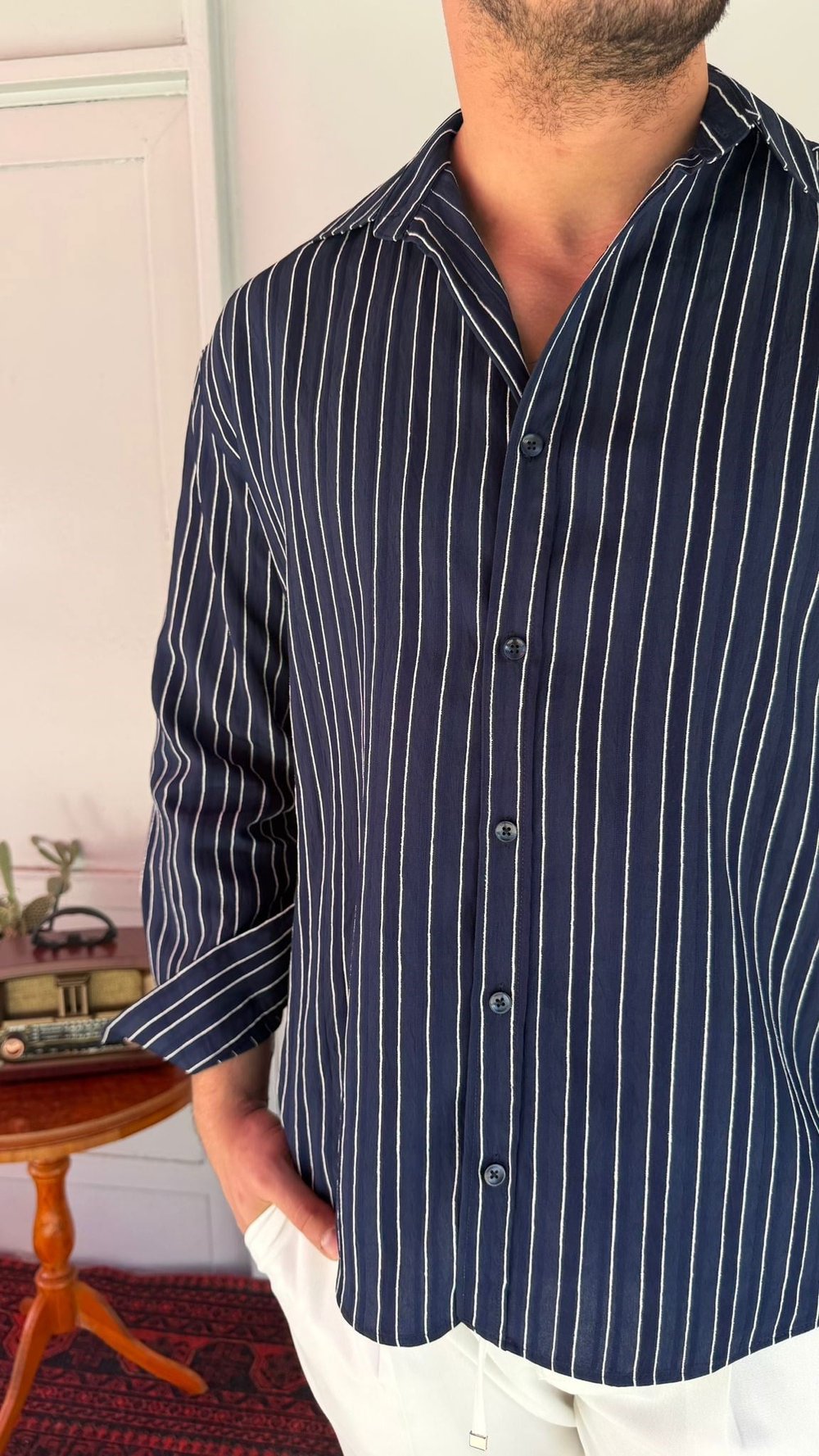 CasualMentr Lacivert Çizgili Oversize Erkek Gömlek
