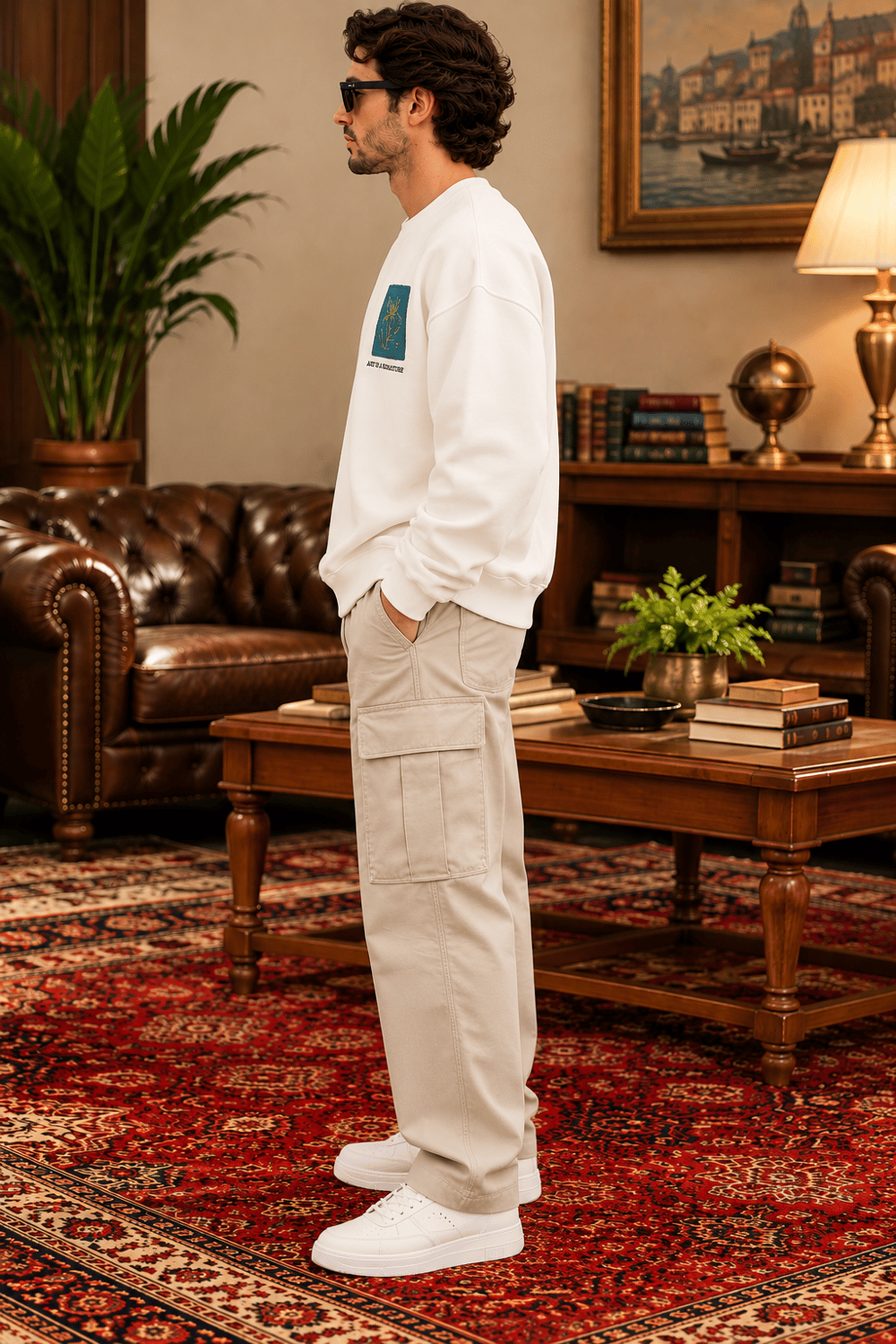 Ekru Nakış Detaylı Oversize Erkek Sweatshirt