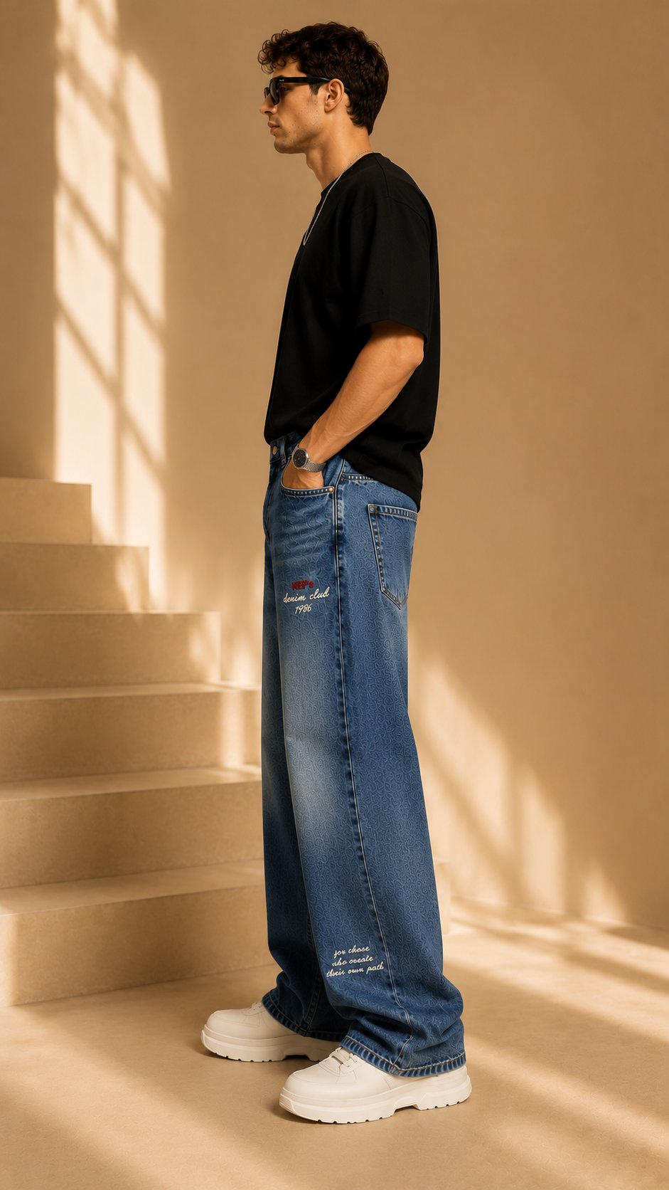 Koyu Mavi Desenli Wide Leg Baggy Jean