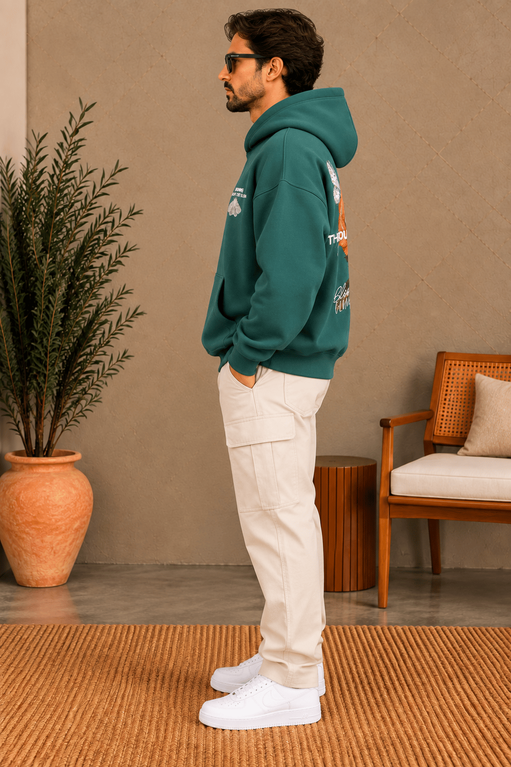 Koyu Yeşil Grafik Baskılı Erkek Hoodie