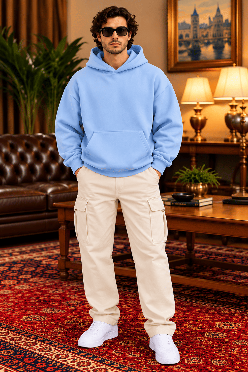 Bebe Mavisi Oversize Erkek Kapüşonlu Sweatshirt