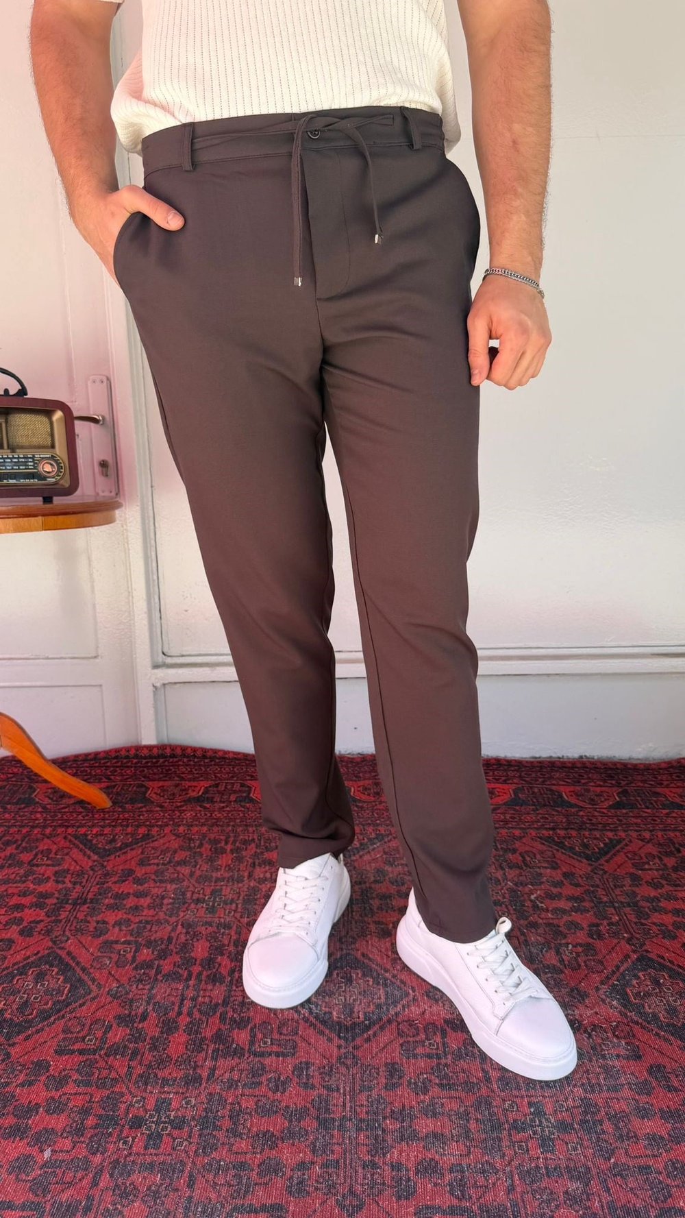 Kahve Düz Kesim Bağcıklı Erkek Pantolon