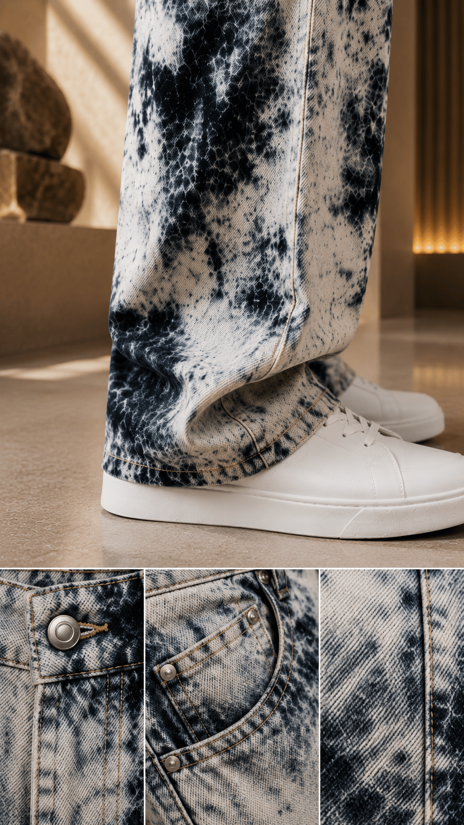 Mavi Batik Desenli Baggy Fit Erkek Jean Pantolon