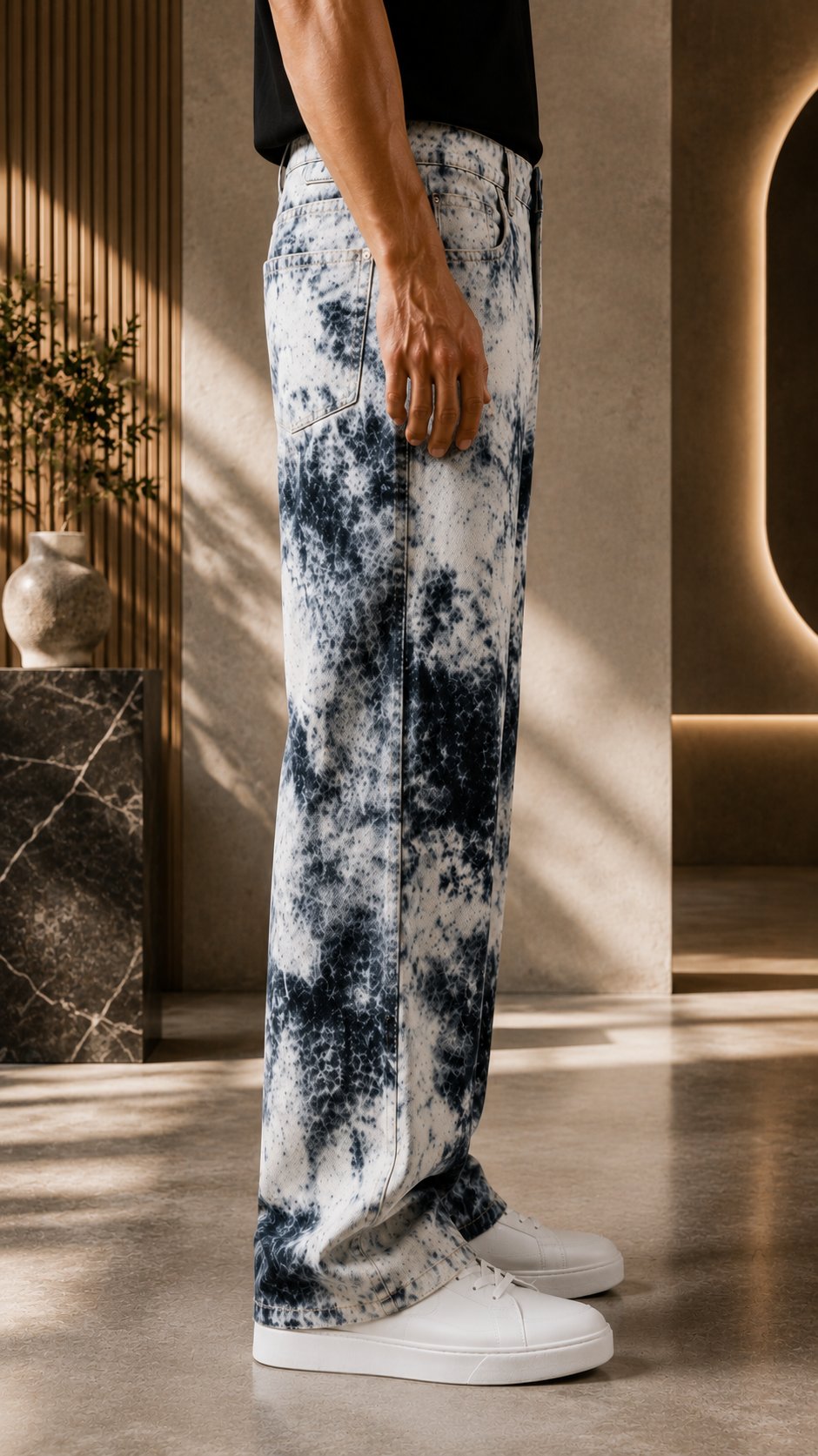 Mavi Batik Desenli Baggy Fit Erkek Jean Pantolon
