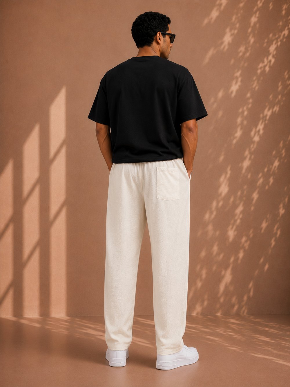 Beyaz Keten Relax Fit Bağcıklı Erkek Pantolon