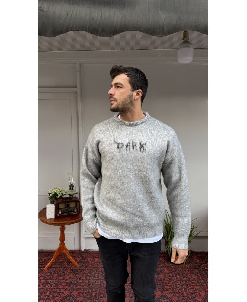 Casual Men Gri Dark Oversize Triko Kazak