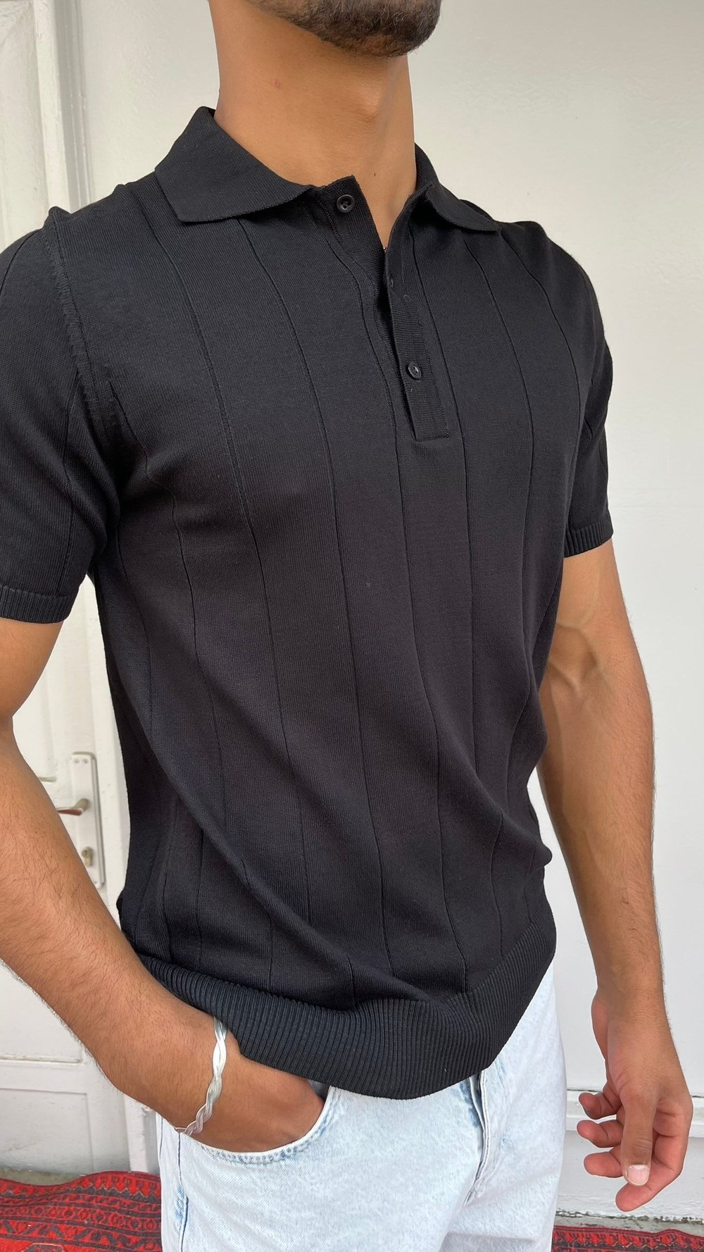 Monarch Çizgili Triko Polo Siyah