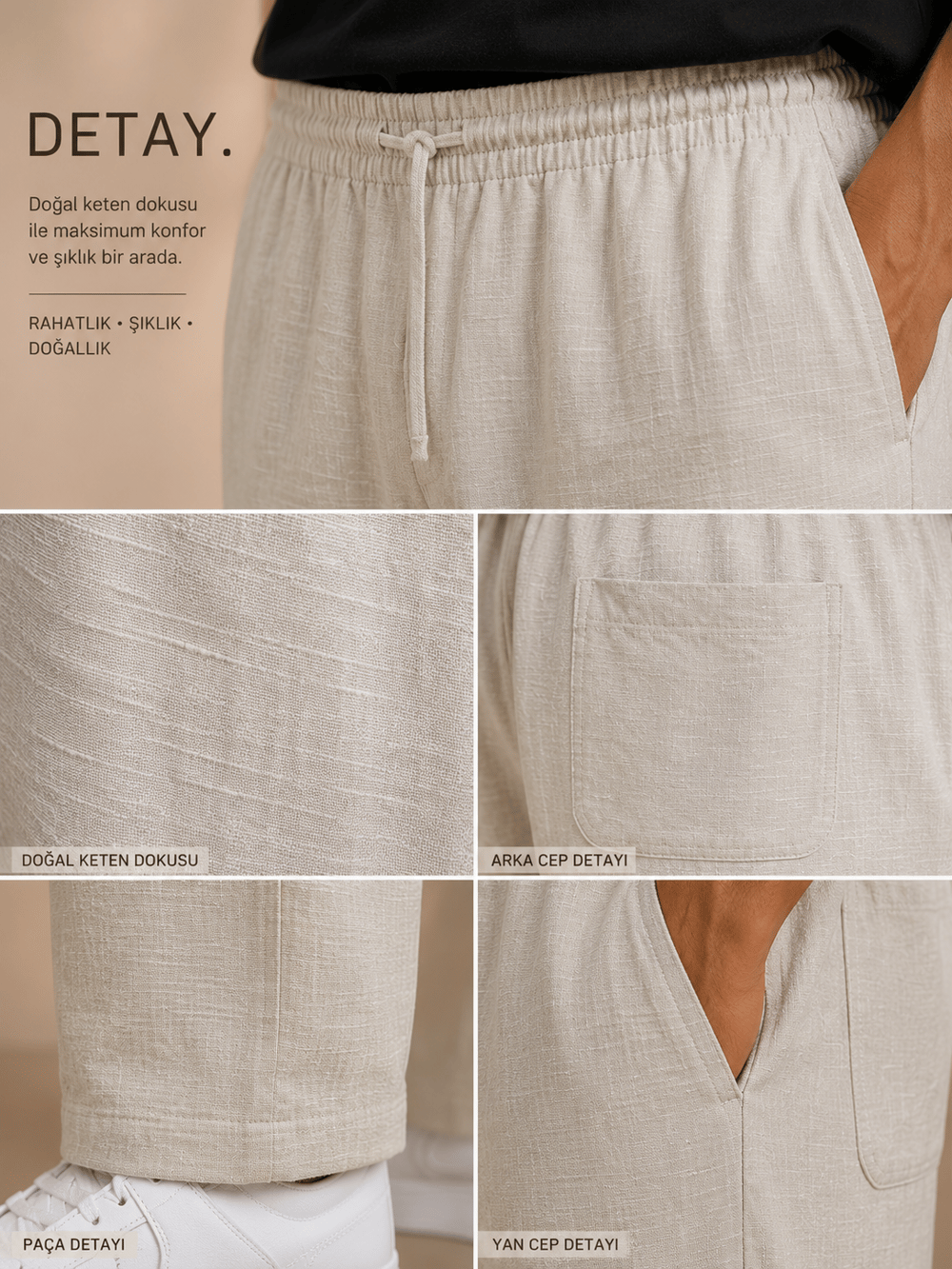 Taş Keten Relax Fit Lastikli Bel Erkek Pantolon