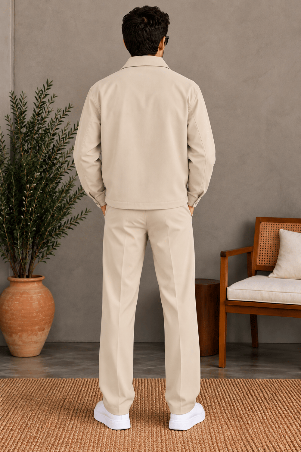 Premium Bej Fermuarlı Ceket Pantolon Takım