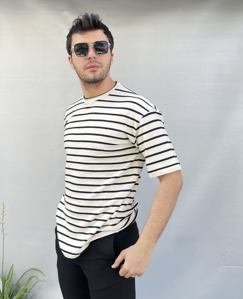 Siyah Çizgili Dokulu Oversize Erkek Tişört