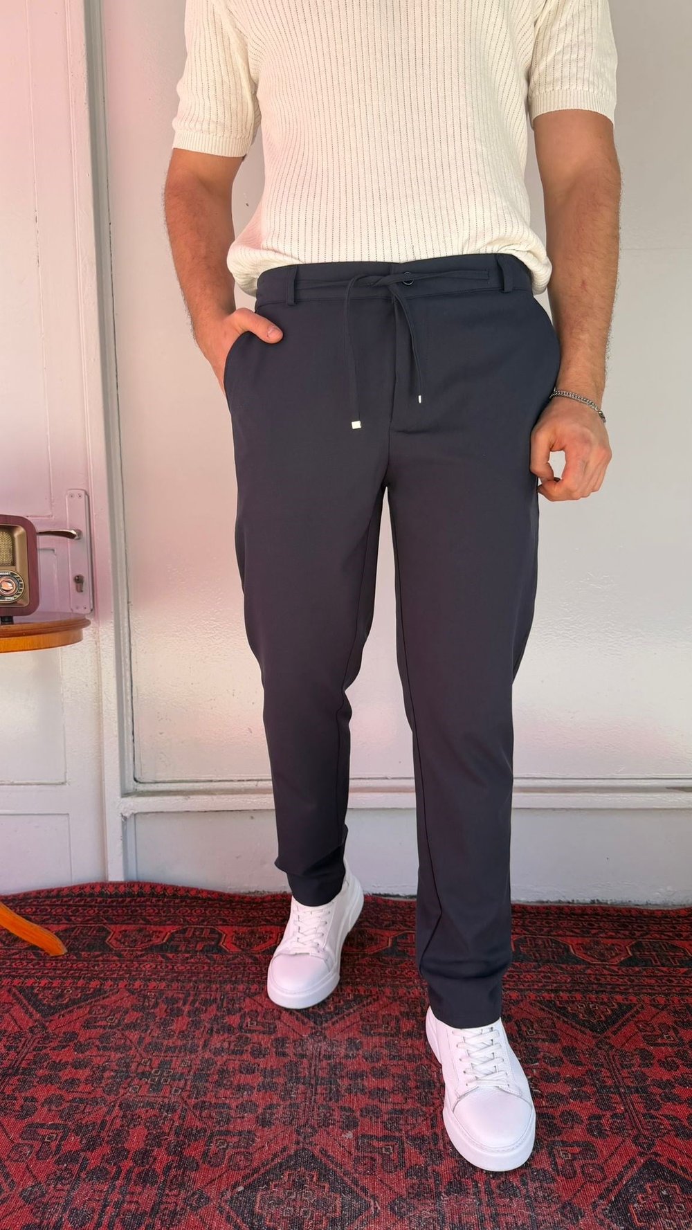 Lacivert Pilesiz Bağcıklı Erkek Pantolon
