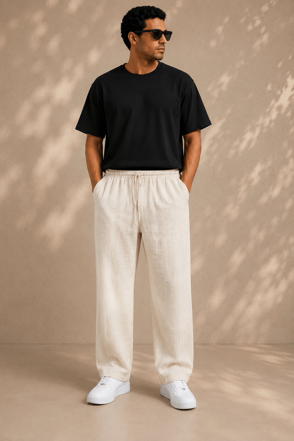 Ekru Keten Relax Fit Lastikli Bel Erkek Pantolon