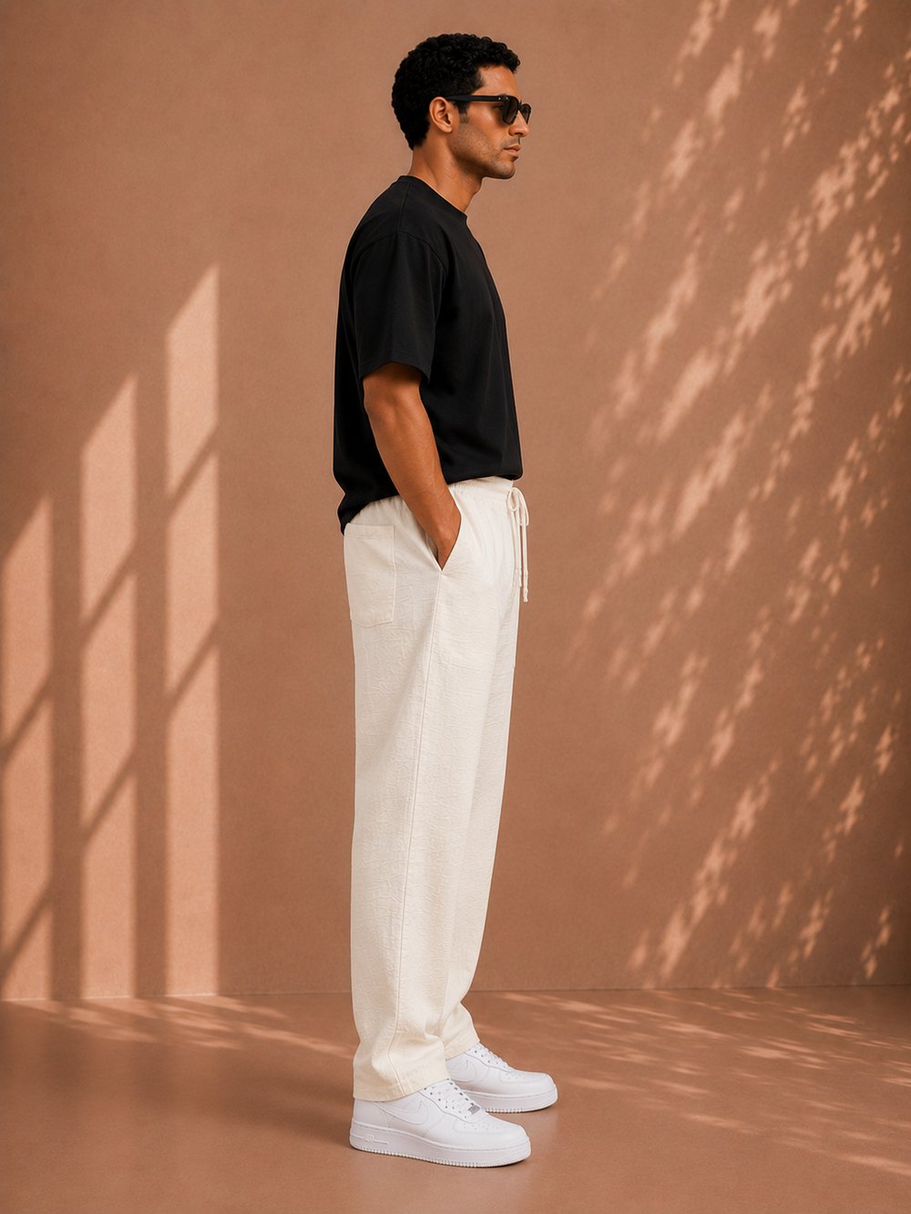 Beyaz Keten Relax Fit Bağcıklı Erkek Pantolon