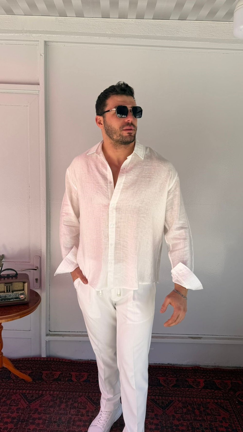 CasualMentr Beyaz Oversize Keten Dokulu Erkek Gömlek