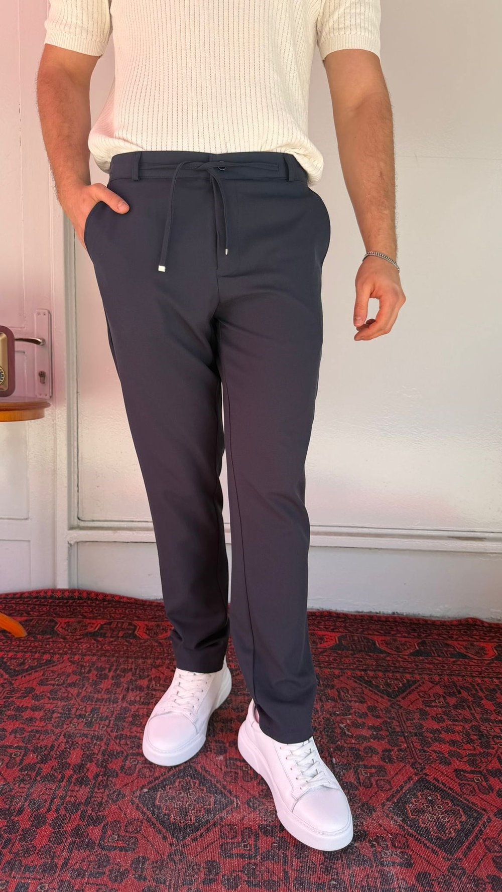 Lacivert Pilesiz Bağcıklı Erkek Pantolon