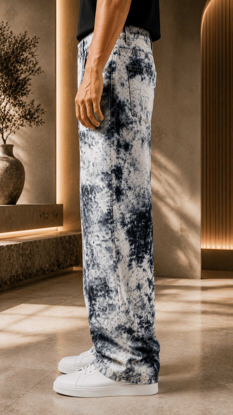 Mavi Batik Desenli Baggy Fit Erkek Jean Pantolon