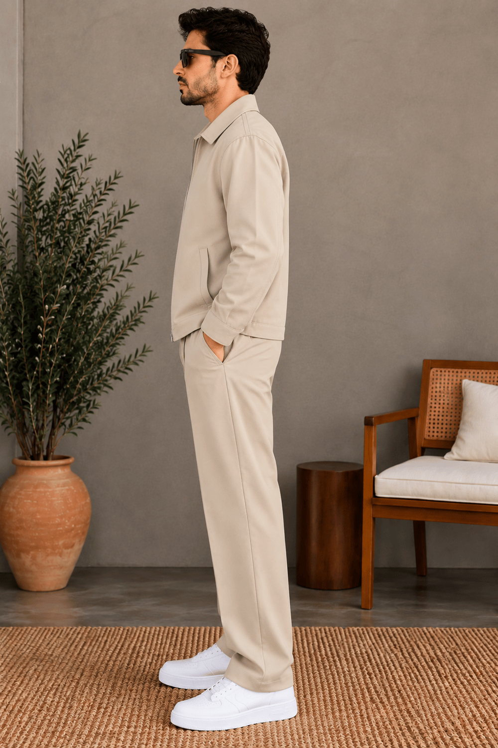 Premium Bej Fermuarlı Ceket Pantolon Takım
