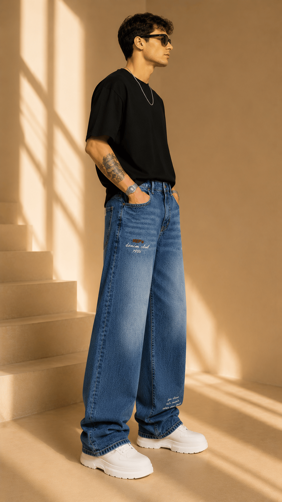 Koyu Mavi Desenli Wide Leg Baggy Jean