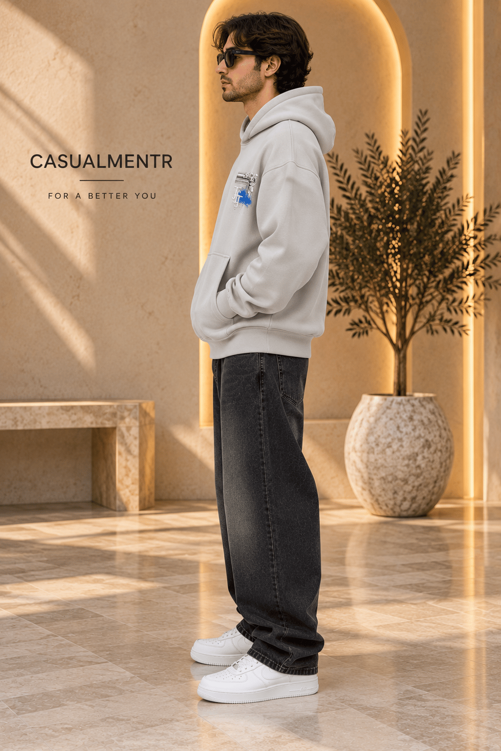 Loyalty Taş Gri Oversize Grafik Baskılı Kapüşonlu Sweatshirt